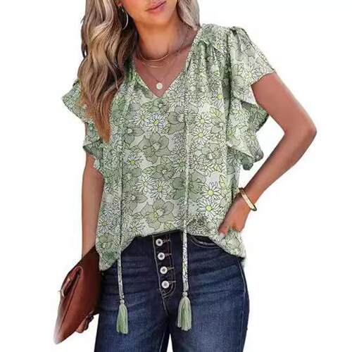 Women's top floral short sleeved collar women's