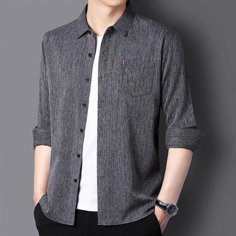 夏季亚麻衬衫男士长袖薄款高级感外套免熨烫款寸衫中年男士休闲