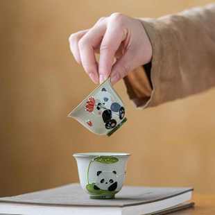 家用对杯 草木灰手绘熊猫主人杯陶瓷釉下彩品茗杯功夫茶杯中式