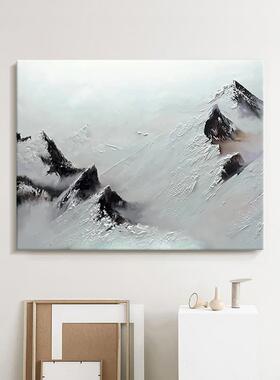 网红大雪芬村有山绘油画黑肌白色风景客厅装饰画背手靠山厚理刀画