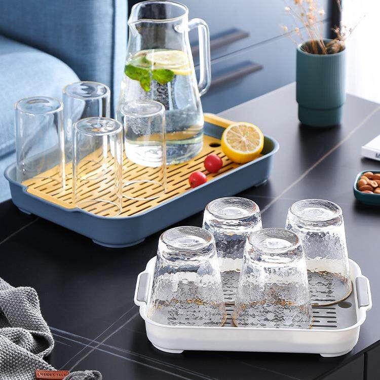 水杯子沥水盘 家用客厅双层托盘长方形茶盘水果盘塑料创意餐盘子