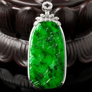 18K金镶玉节节高升玉吊坠阳绿翡翠山水牌精雕图玉佩项链绳8.68g