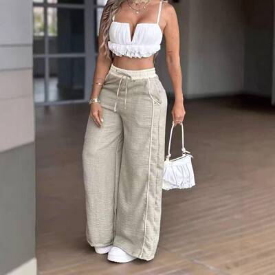 Y2K Light Greenish-Gray High Waist Wide Leg Pants Loose