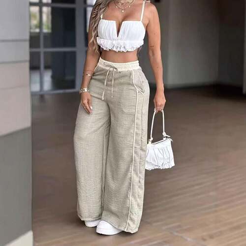 Y2K Light Greenish-Gray High Waist Wide Leg Pants Loose