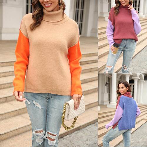 Sweater women's spliced knitted sweater high neck pullover