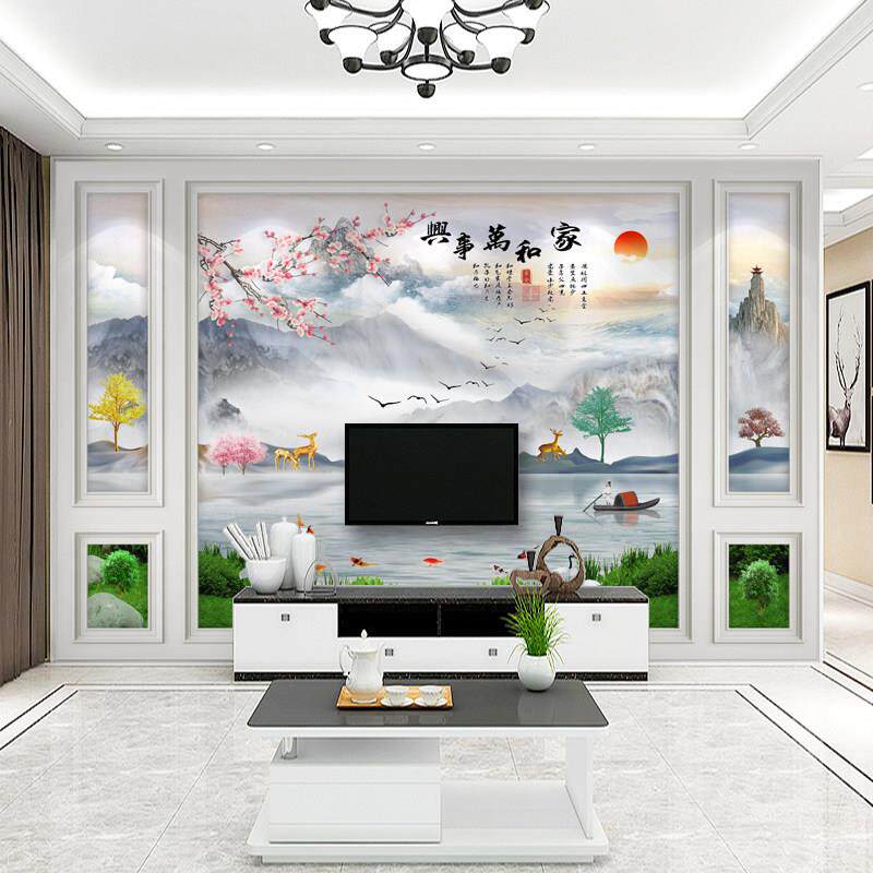 家和万事兴电视背景墙壁布客厅3d山水画墙布8D立体壁画影视墙壁纸