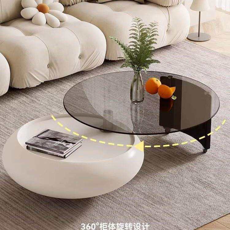 旋转奶油钢化玻璃茶几家用意式轻奢圆形小户型设计师客厅组合