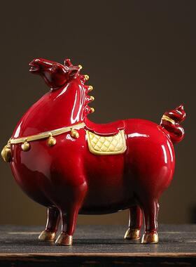 马到装摆成功件陶WJL瓷红色招家财唐马工艺创意中式客厅办公室居