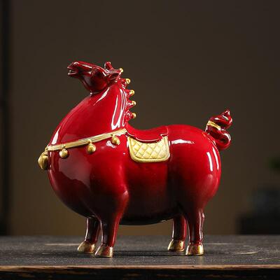 到成摆件陶瓷红色招财唐马工艺创意中式客马厅功办室家KPS公居装