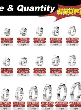 批发600PCS盒装 304不锈钢单耳无极卡箍喉箍软管夹5.3-33.1mm