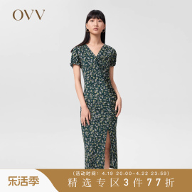 小雏菊印花ovv春夏女装，时尚v领开叉短袖连衣裙