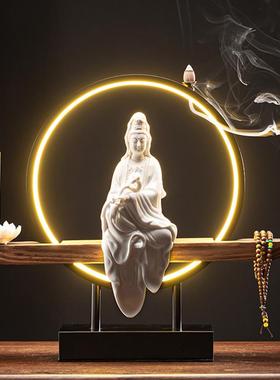 高档瓶禅意玉意净观音菩萨佛像摆件倒流灯香创陶瓷高档家居装饰工