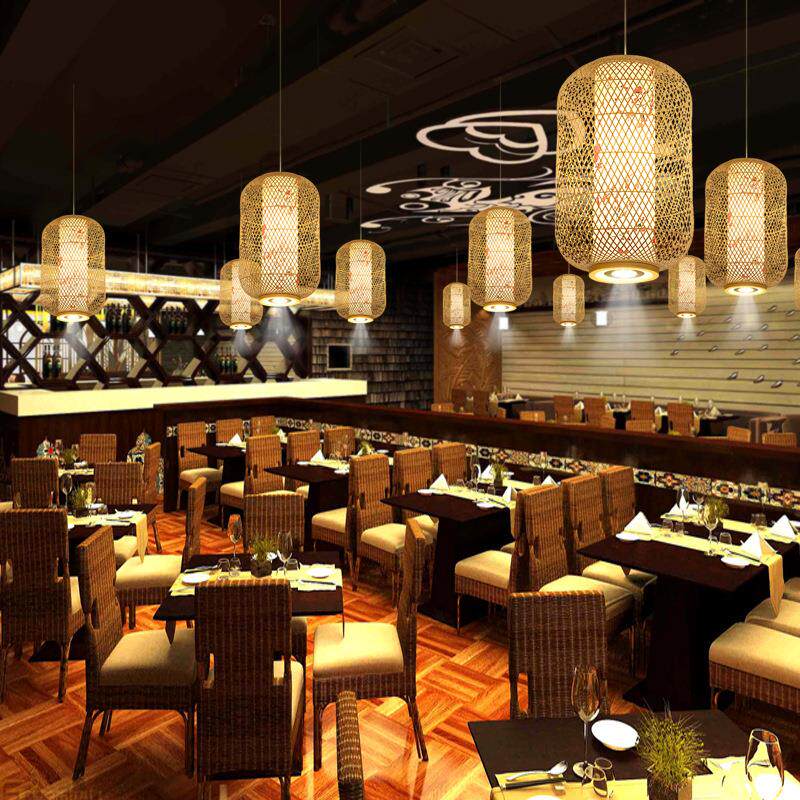 新款直销现代中式餐厅吊灯酒店餐饮包间包房灯火锅店卡座竹编灯带