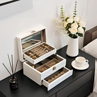 简约轻奢首饰盒多层收纳带镜子首饰分类箱大容量木质珠宝首饰盒