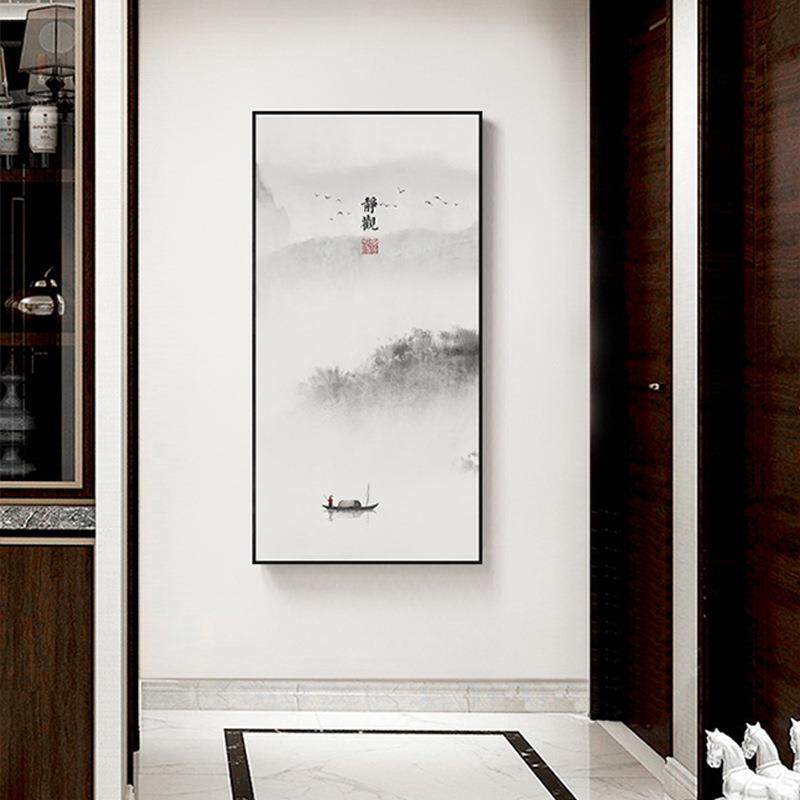 新中式入户玄关竖版装饰画禅意走廊挂画书房山水壁画黑白水墨墙画