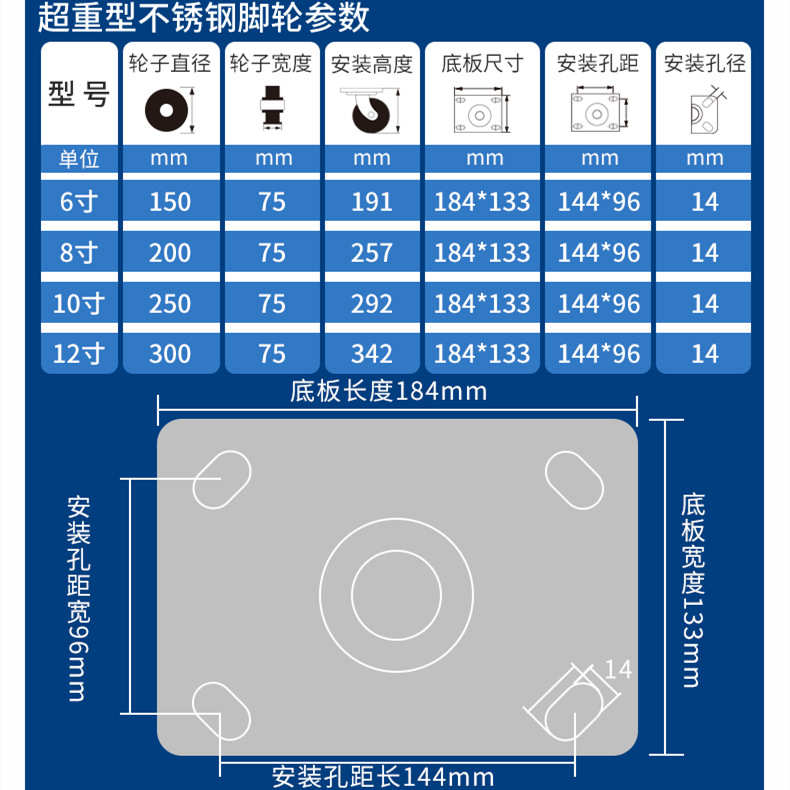 超重型304不锈钢脚轮4/5/6/8/10/12寸抗冲击实心MC尼龙万向脚轮
