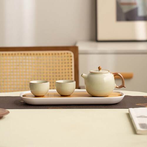 米黄汝窑行云壶一壶两杯送茶盘轻奢家用办公网红泡茶汝窑功夫茶具