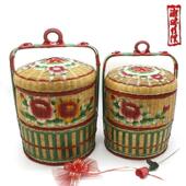 潮汕传统婚嫁娶用品纯手工两层春盛 二层春盛手绘潮州花篮竹篮子