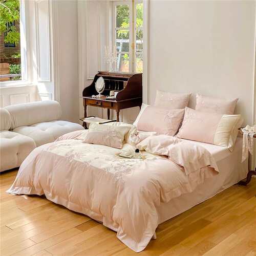 法式复古风玫瑰刺绣寝具床上用品高端纯棉长绒棉四件套家纺木槿
