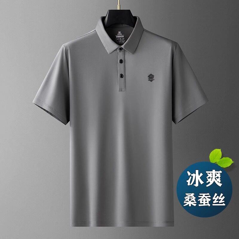 桑蚕丝短袖t恤男士夏季薄款翻领polo衫中年爸爸宽松休闲冰丝上衣
