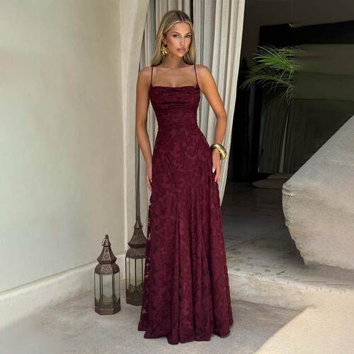 Elegant Wine Jacquard Backless Dress CrossBack Design
