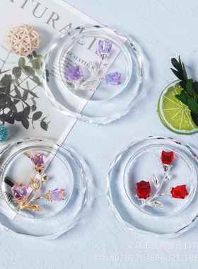 中式简约复古风格水晶工艺品桌面办公摆件几何形玫瑰花蕾大红花苞