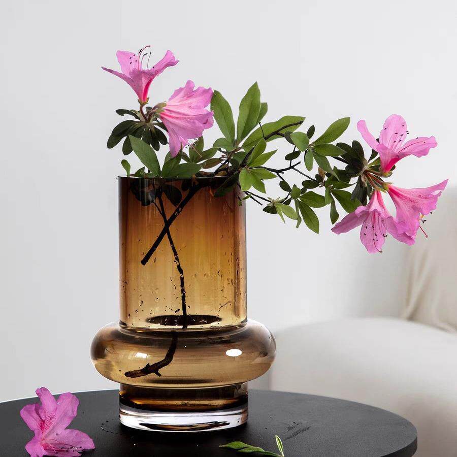 现代轻奢棕色玻璃花瓶 餐客厅样板间高端花器 水培插花摆件