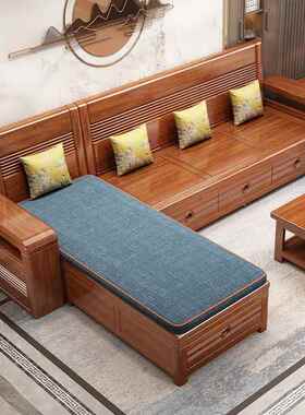 新款客带厅实木发小户型221007三人位拉床抽储物新中式沙功能发床