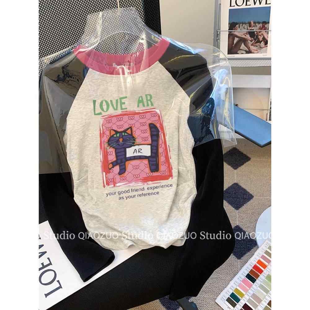 拼接猫Raglan长袖女式t恤2025春秋季新款修身短款纯棉底衬衫上衣