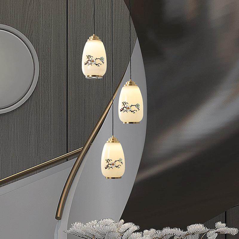 新中式全铜楼梯吊灯现代轻奢仿云石别墅复式楼中楼梯间旋转长吊灯