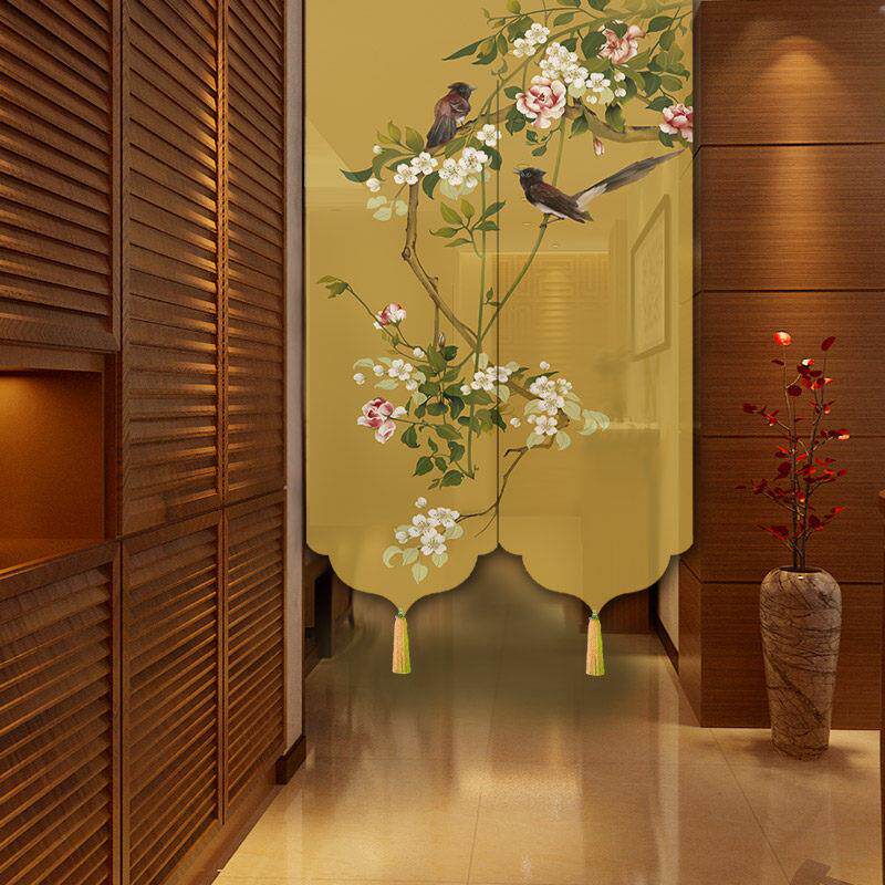 新中式田园花鸟棉麻布艺门帘厨房卧室隔断窗化妆室家用装饰空调帘