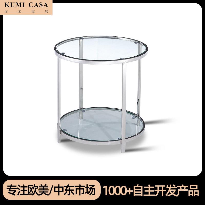 设计师意式极简玻璃边几卧室茶几客厅家用不锈钢现代沙发圆形角几
