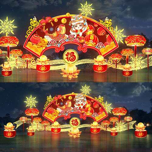 元宵年年有余主题扇形大型花灯景区公园亮化装饰防水节日彩灯厂家