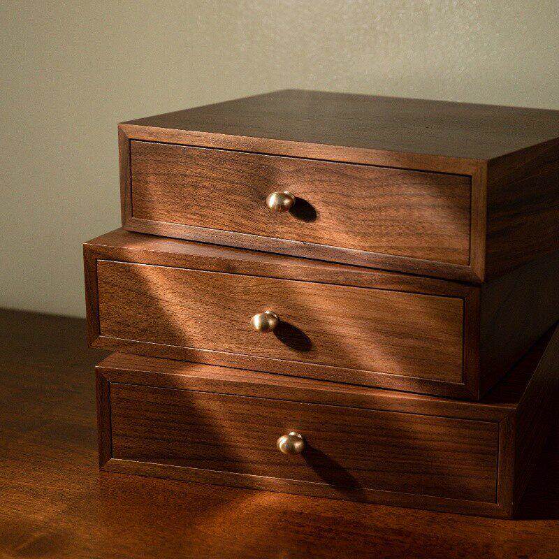 黑胡桃木抽屉收纳盒办公室玄关桌面实木首饰盒覆古家用杂物整理盒