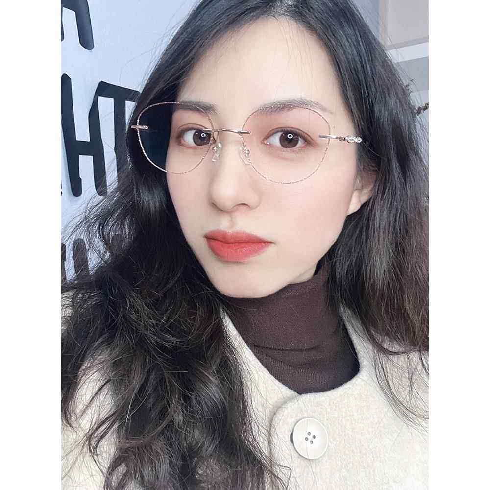 高档芊镜无框光近视眼镜女纯钛大超轻镶边框显瘦平防蓝光辐射颜素
