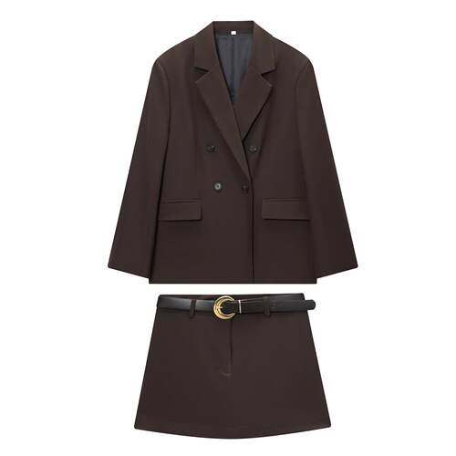 Shoulder padded double breasted suit with belt skirt pants