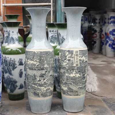 景德镇陶瓷落地大花瓶仿古裂纹釉清明上河图陶瓷花瓶 装饰摆件