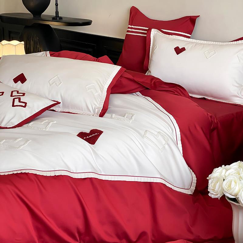 红色爱心贡缎全棉四件套婚庆纯棉被套床单结婚拼接喜被床上用品