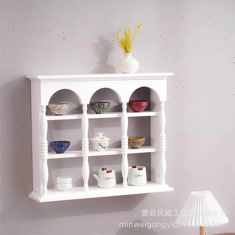 中式木制茶杯收纳柜复古实木咖啡杯展示架居家壁挂木质三层收纳柜