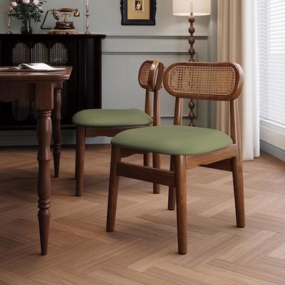 餐椅中古风2025新款家用复古绿色椅子凳子实木靠背椅藤编椅餐桌椅