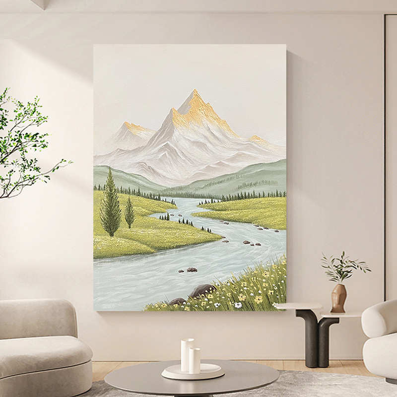 手绘油画客厅装饰画立体山水画入户玄关走廊壁画侘寂风手绘肌理画图片