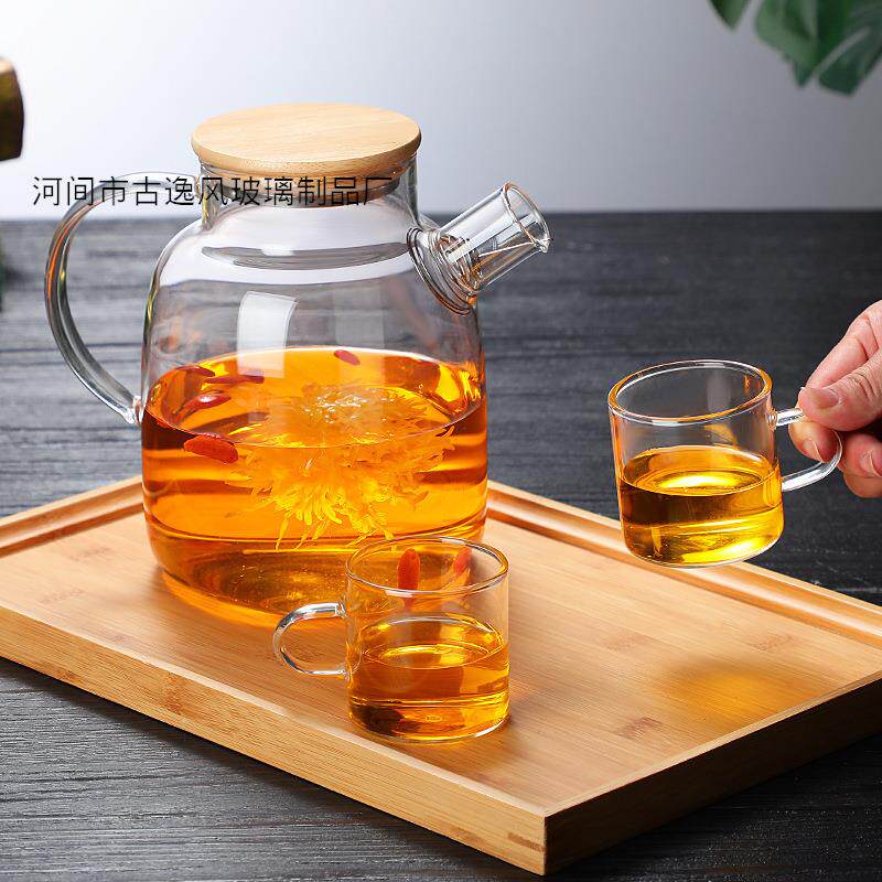 包邮冷水壶大容量竹盖壶 加厚透明玻璃家用凉水壶茶具带把泡