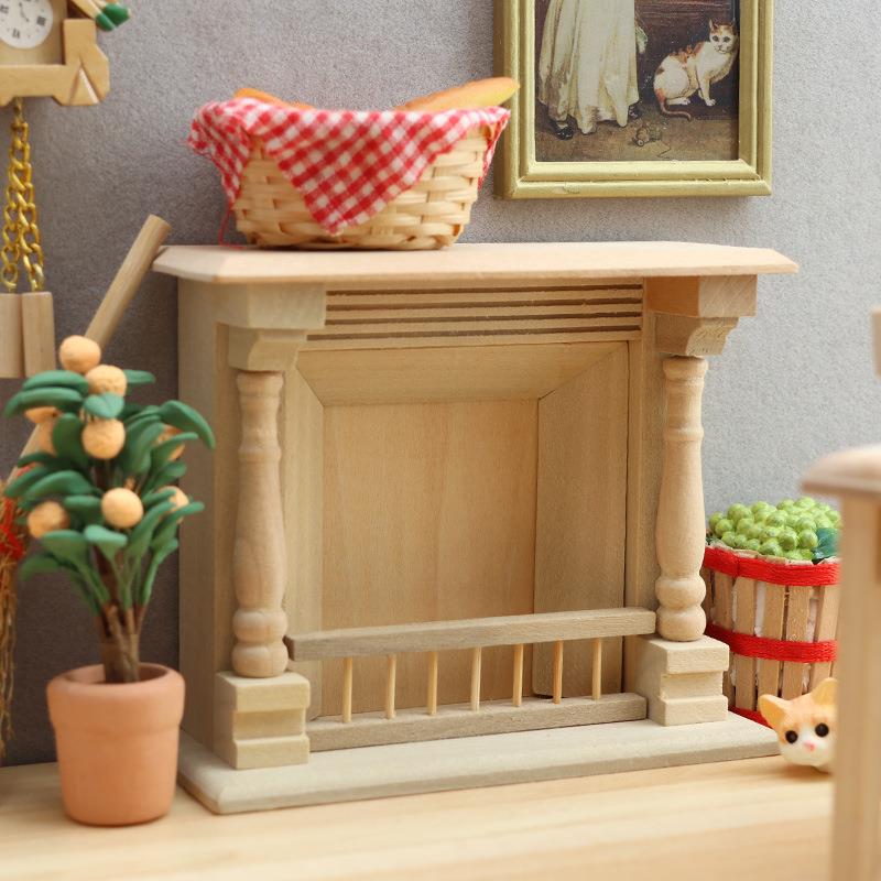 1:12娃娃屋dollhouse微缩家具迷你小家居食玩场景DIY木质素坯壁炉