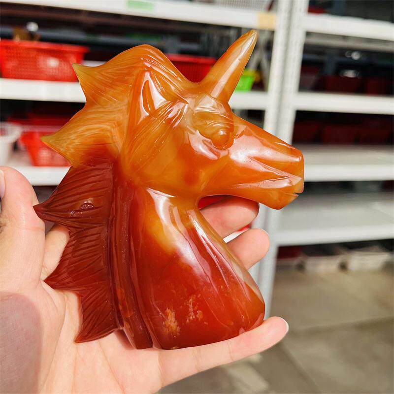 跨境热销天然红缠丝玛瑙独角兽摆件创意装饰品桌面摆件鱼缸造景石