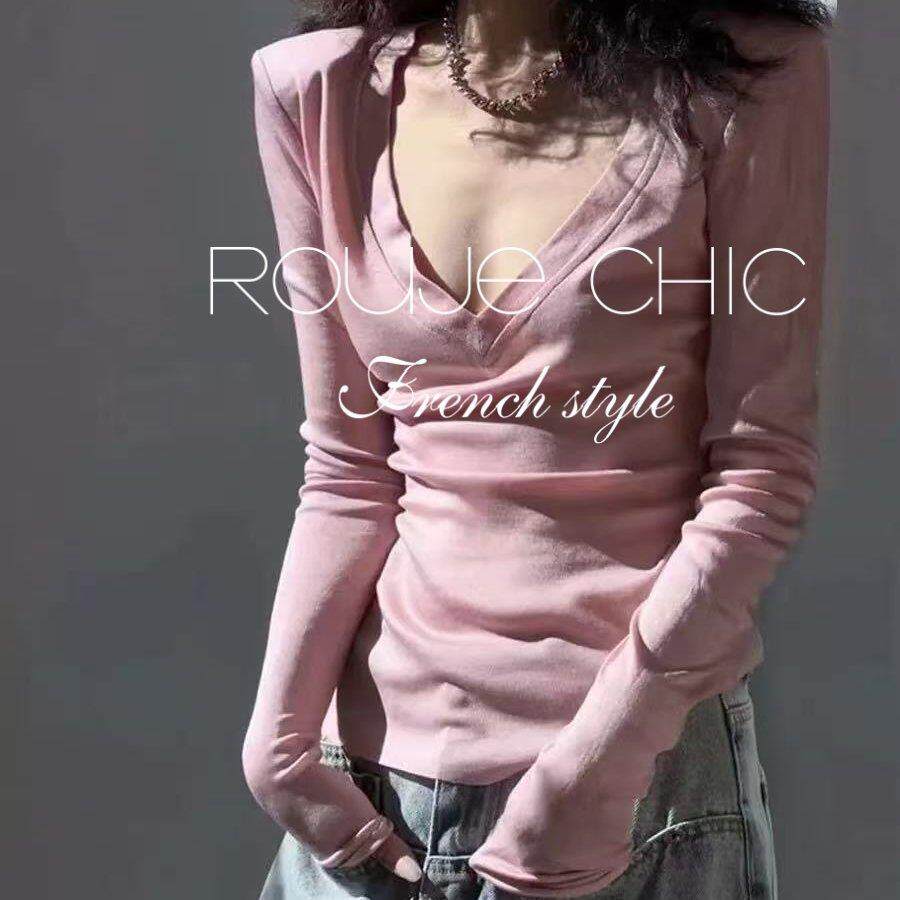 法国rouje chic春季粉色深v领长袖T恤女法式纯欲风性感辣妹打底衫