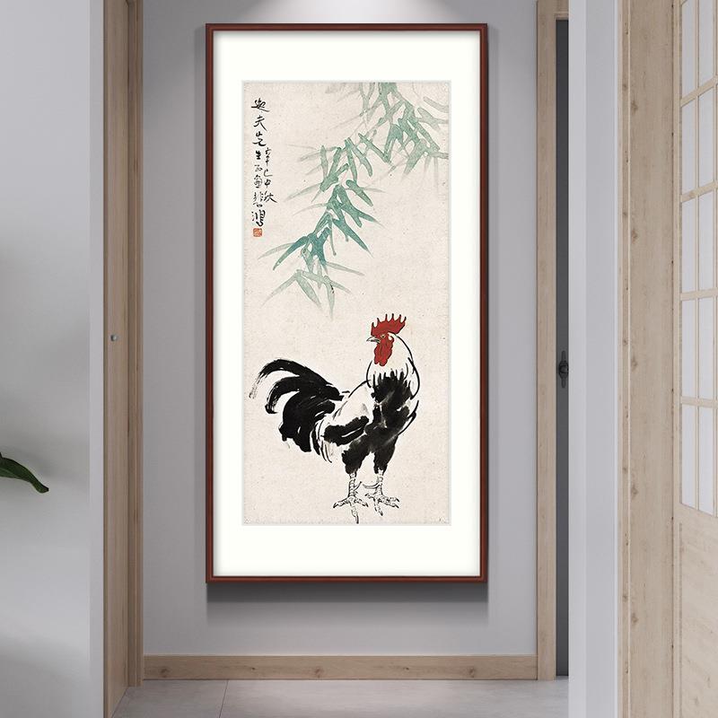 徐悲鸿国画中式玄关装饰画竖版现代水墨挂画客厅走廊过道壁画雄鸡