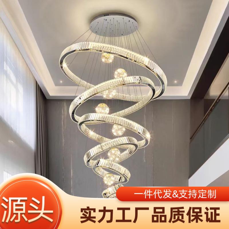 复式楼中空大吊灯水晶吊灯轻奢现代挑高水晶灯自建房别墅大堂吊灯