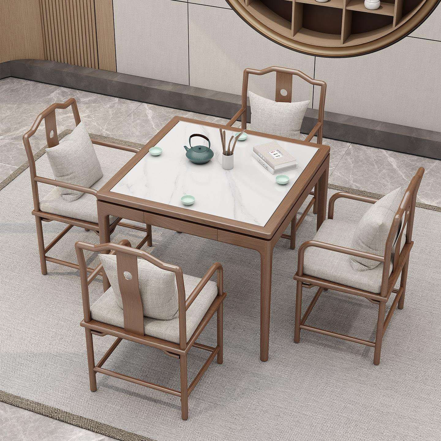 实木岩板餐桌小型家用新中八仙桌正岩板八仙形茶桌式椅方组合方桌