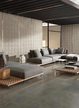 户外藤编沙发简约轻奢意式风柚木庭院沙发户外藤编休闲椅