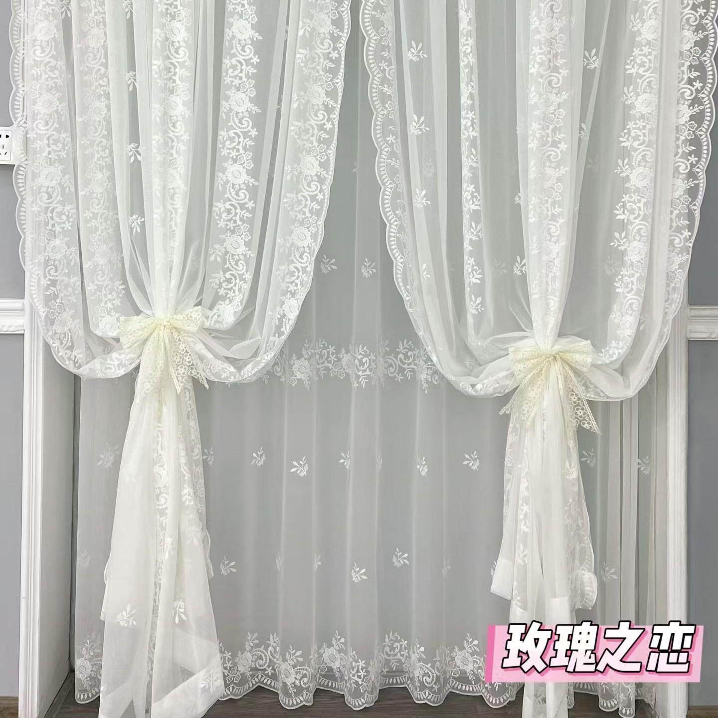 法式轻奢白色蕾丝窗帘绣花纱帘仙气纱卧室客厅飘窗半遮光纱